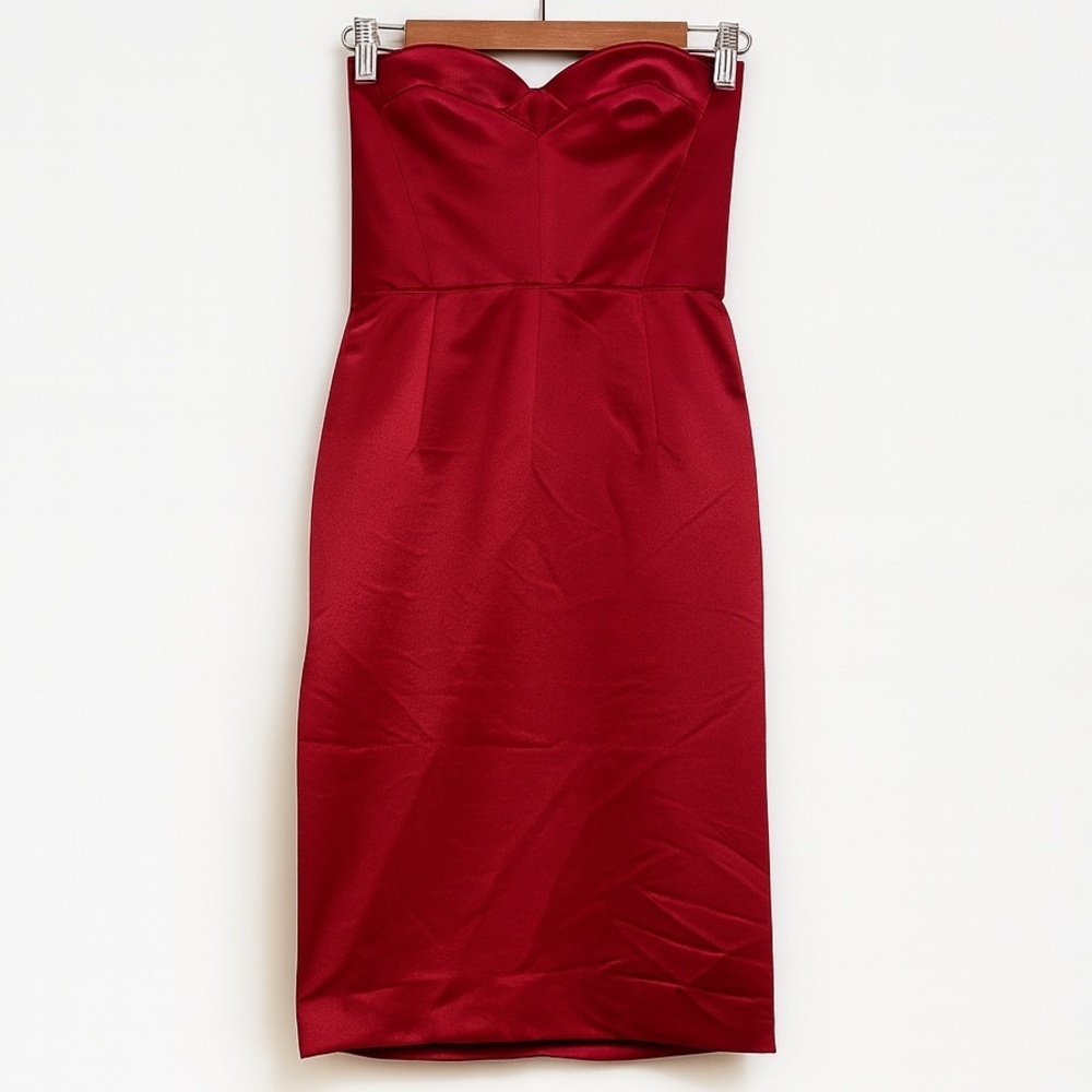 Milly Tomato Red Satin Strapless Sweetheart Neck Holiday Party Sheath Dress S/M